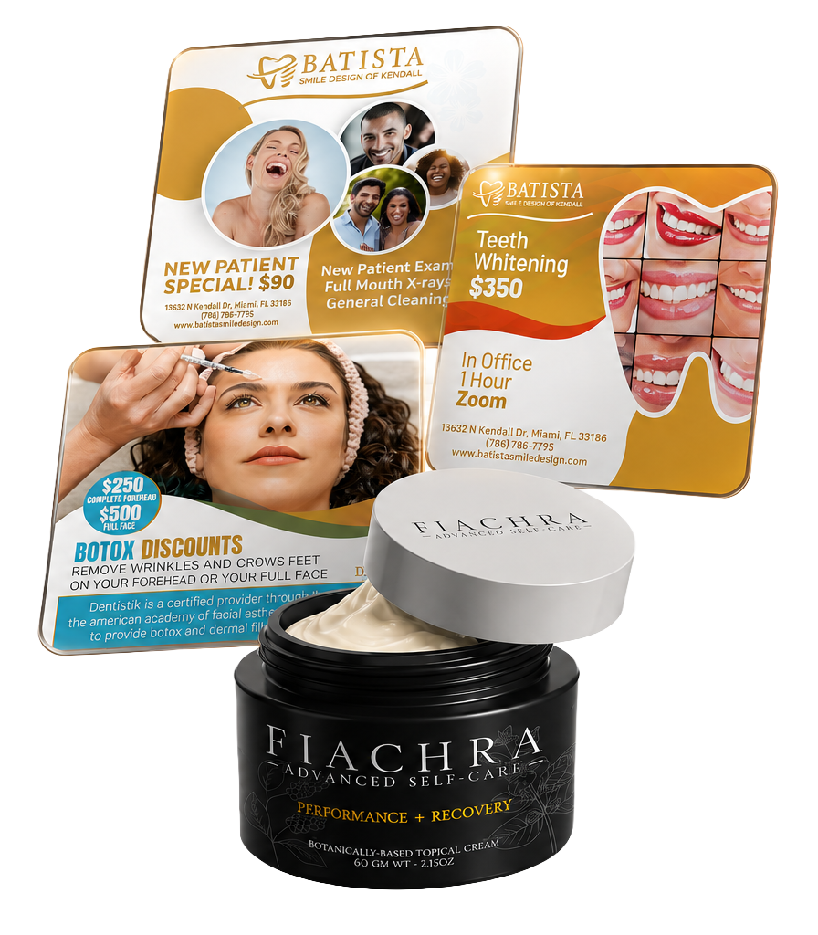 Cosmetic dentistry promotional flyers featuring smiling patients behind a jar of Fiachra cream in the foreground.