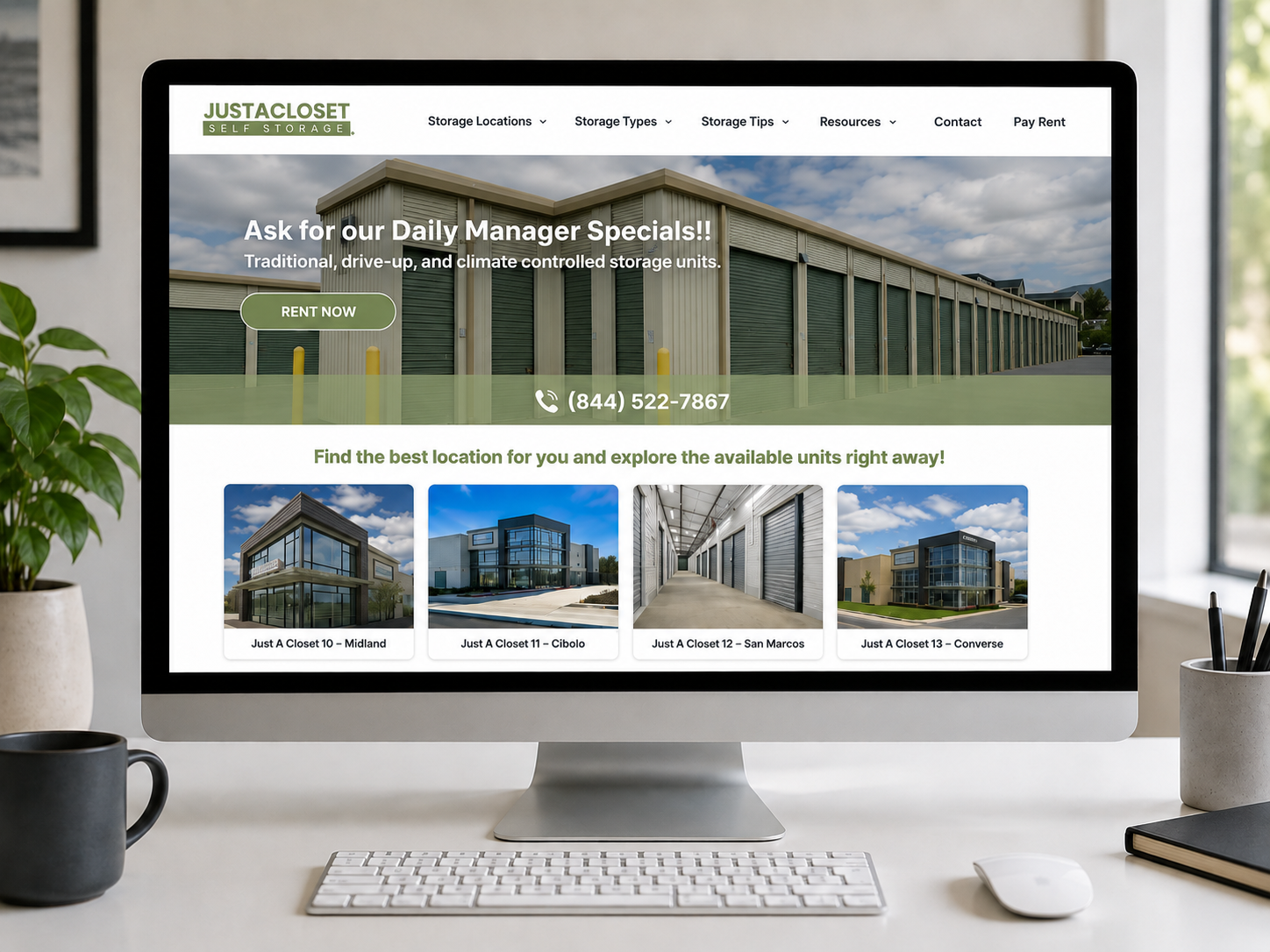 Just A Closet Self Storage homepage hero with a row of storage units, a Rent Now button, and a contact number (844) 522-7867.