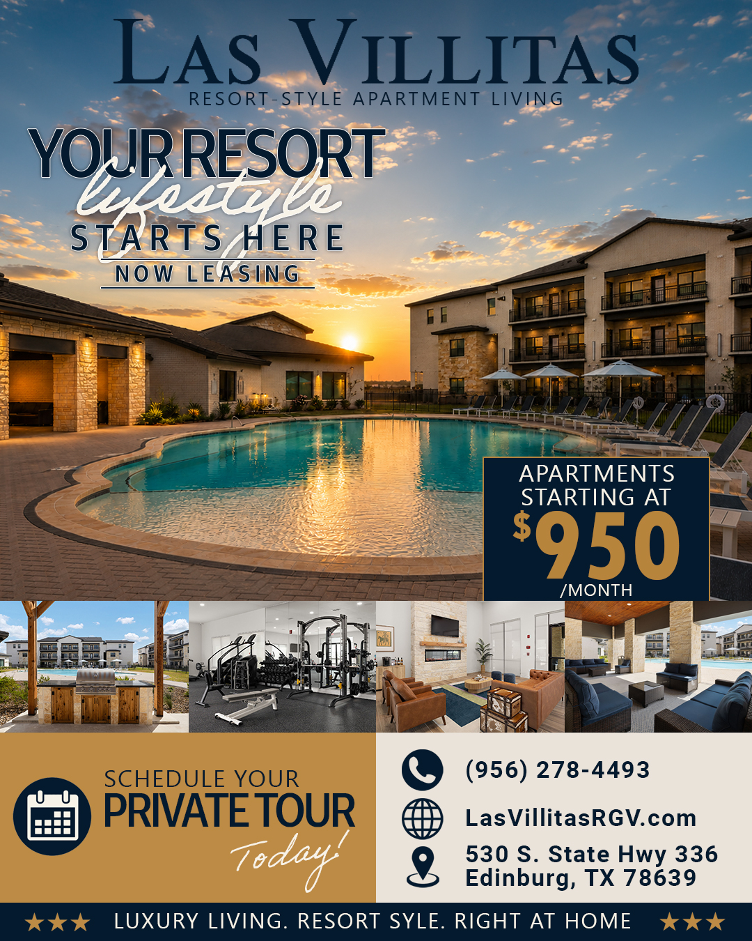 Sunset view of Las Villitas resort pool with multi-story apartments; promotional text overlay and a "$950/month" panel visible in the corner.