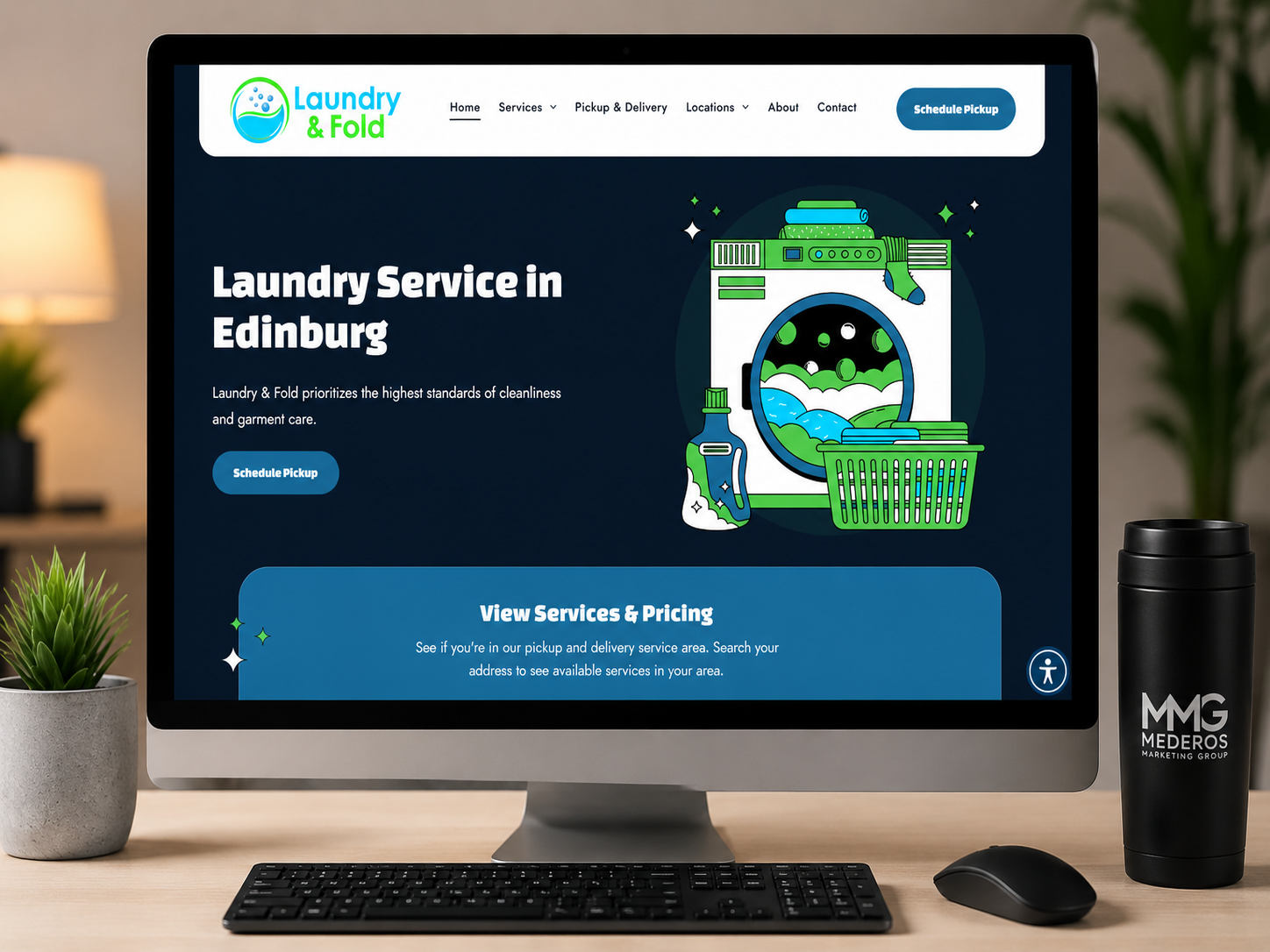 Homepage hero for Laundry & Fold featuring a bold headline and a cartoon washing machine illustration with a 'Schedule Pickup' button.