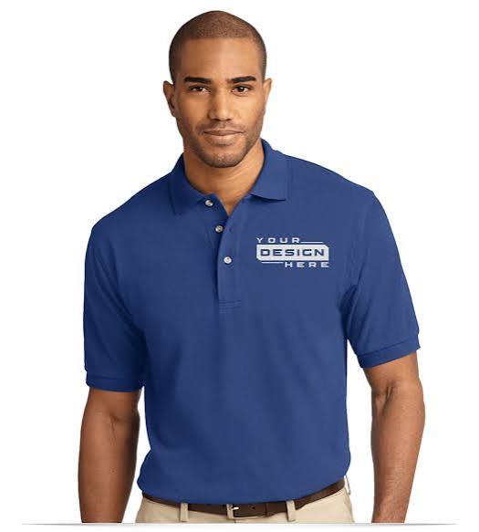 Man in a blue polo shirt with a 'Your Design Here' logo on the left chest.