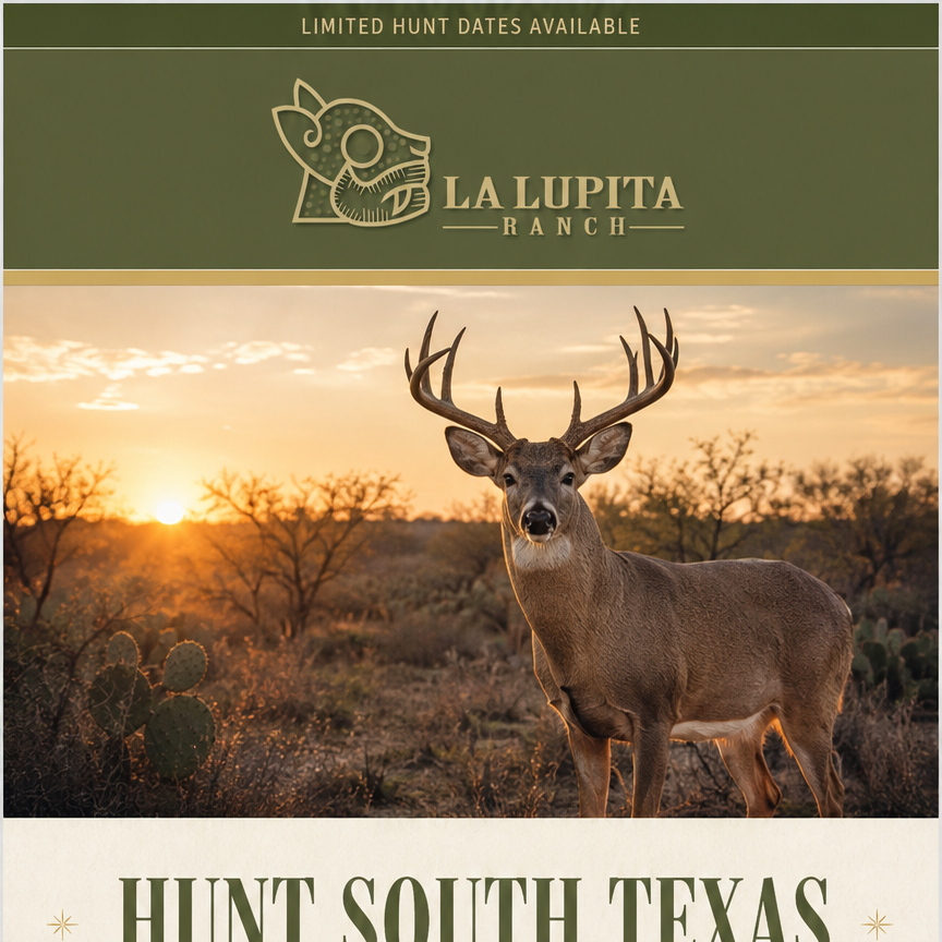 Sunset scene at La Lupita Ranch with a buck standing in desert brush; green header with the ranch logo and text above.