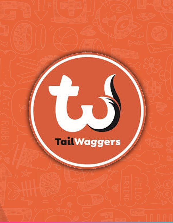 TailWaggers logo: orange circular badge with white, stylized 'tw' and a tail shape, plus the word 'TailWaggers' beneath (brand mark).
