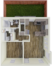 3D floor plan of a single-story home: open living area with kitchen island and dining space, two bedrooms, a bathroom, and a hallway, with a green backyard visible at the top.