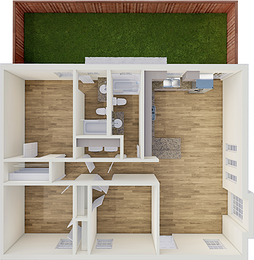 Top-down 3D floor plan of a single-story home. Open-plan living room and kitchen on the right, two bedrooms on the bottom left, a central hallway with a bathroom and utility room, and a fenced green backyard at the top.
