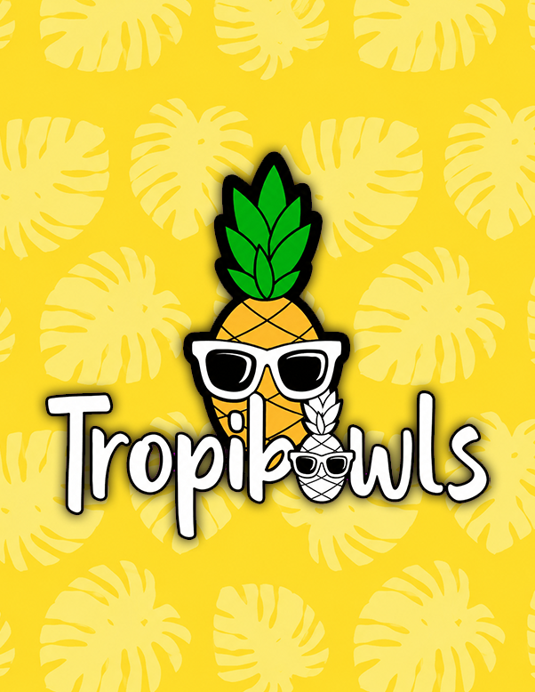 Logo for TropiBowls: a pineapple wearing white sunglasses on a bright yellow tropical background, with the word TropiBowls beside it.