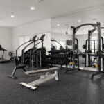 Modern gym interior with treadmills along the left wall and a large weight rack with a mirrored wall on the right.