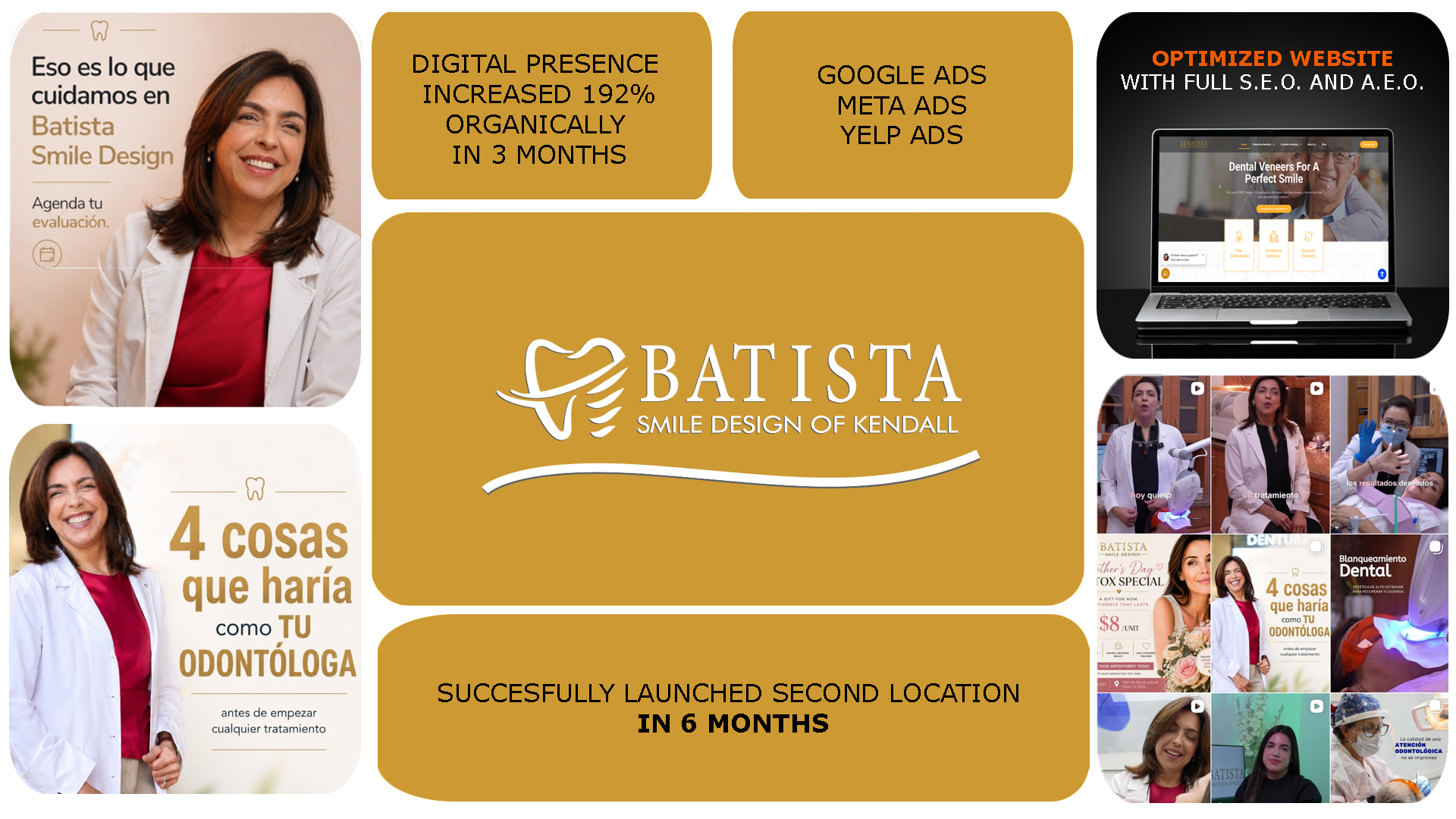 Collage of Batista Smile Design branding with smiling dentist photos and Spanish marketing slogans for dental services.