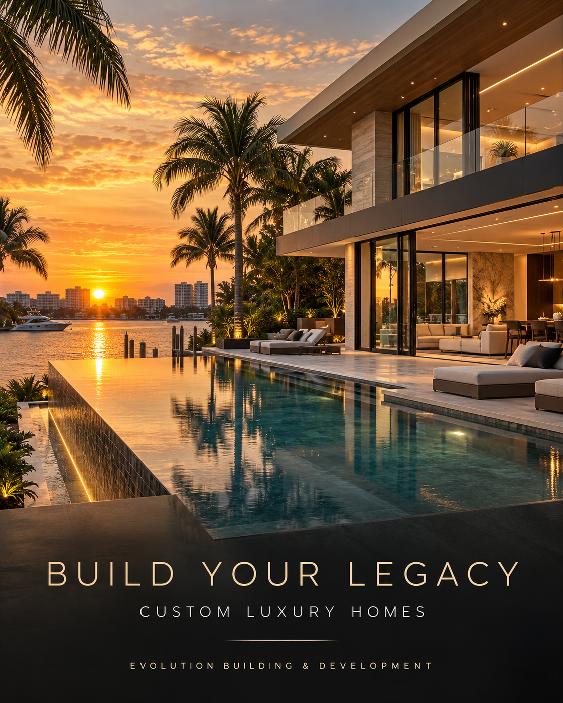 Luxurious modern house by an infinity pool at sunset, with palm trees and a distant city skyline.