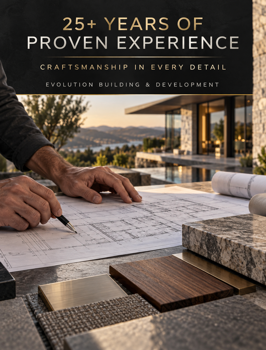 Architect's hands drawing on blueprints with material samples on a patio, overlooking a modern house.