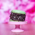 Mint-green macaron with a chocolate shard coating on a pink cake stand against a soft pink background