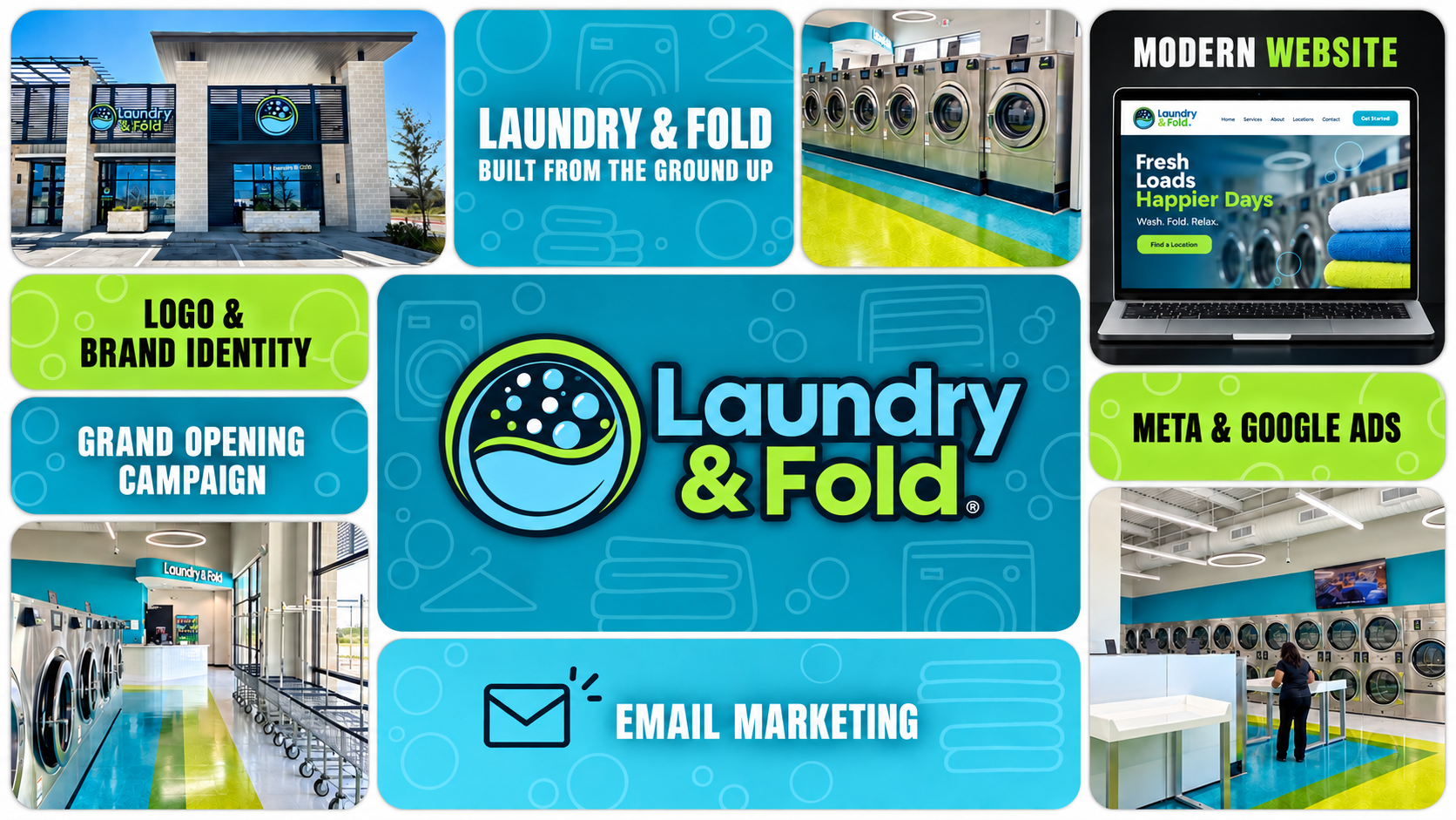 Brand collage for Laundry & Fold featuring logo, store exterior, laundromat interior, and marketing panels showing services and ads.