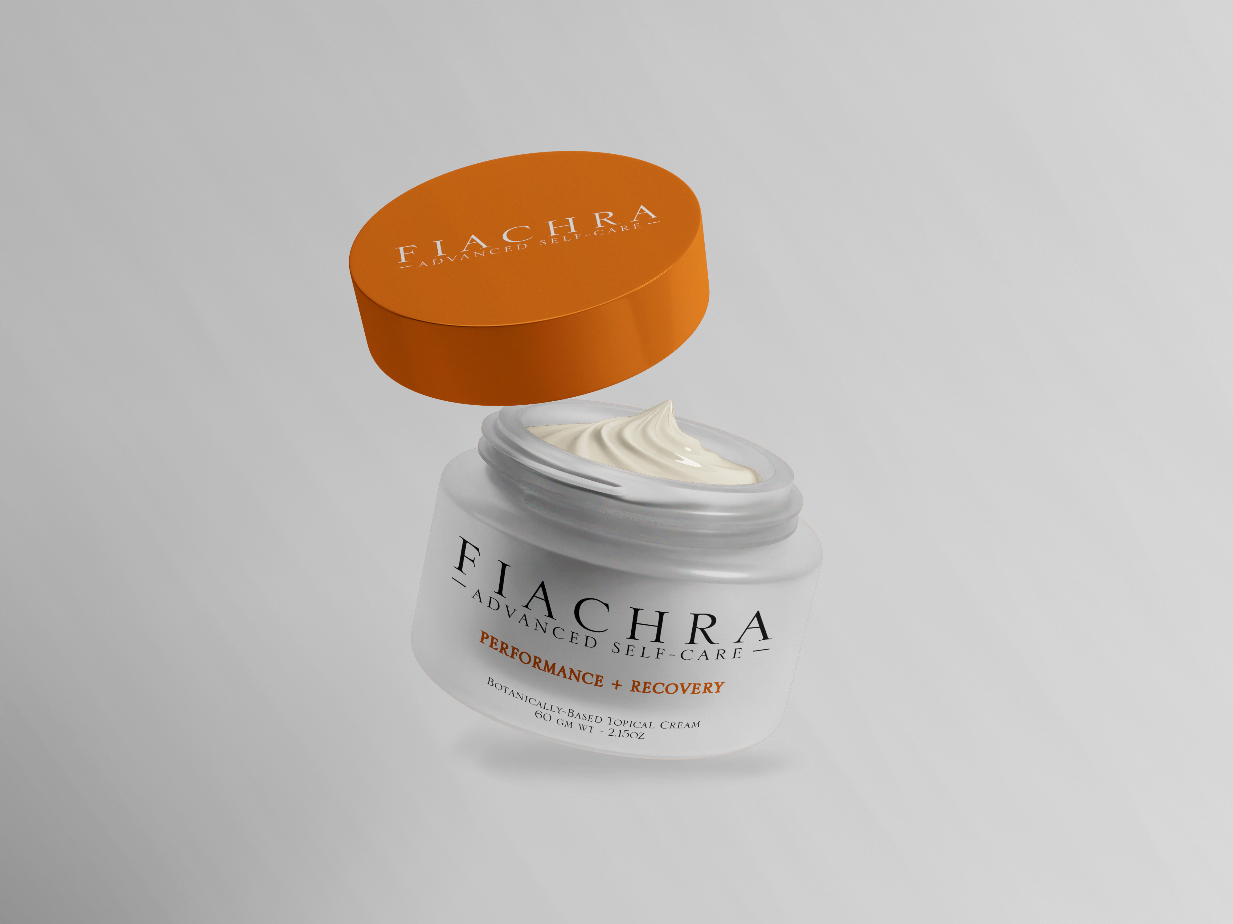Orange circular lid with the word FIACHRA and 'Advanced Self-Care' resting above an open jar of cream.