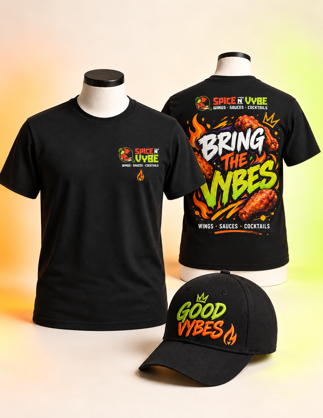 Black t-shirt front: Spice N' Vybe logo with flame icon on the left chest and the words Wings Sauces Cocktails stacked beneath it.