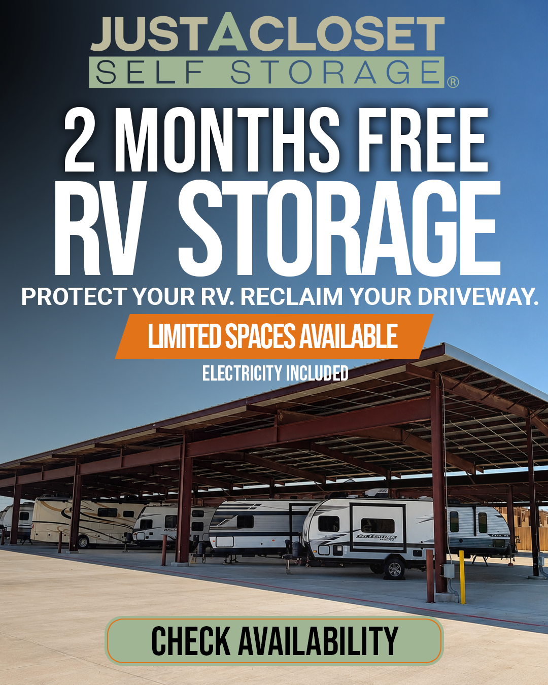Advertisement for JustACloset Self Storage: '2 Months Free RV Storage' with orange 'Limited Spaces Available' banner and RVs under a metal carport.