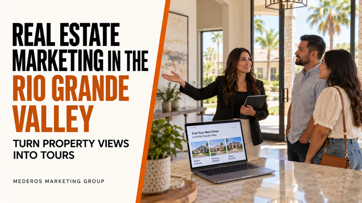 Promotional banner for real estate marketing in the Rio Grande Valley with three agents discussing property tours beside a laptop showing listings.