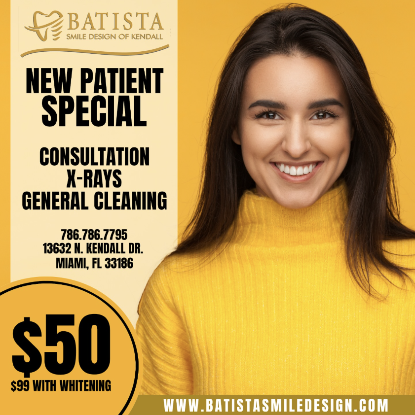 Dental clinic promo: 'NEW PATIENT SPECIAL' for consultations, X-rays and cleaning, with logo and contact info beside a smiling woman in a yellow sweater.
