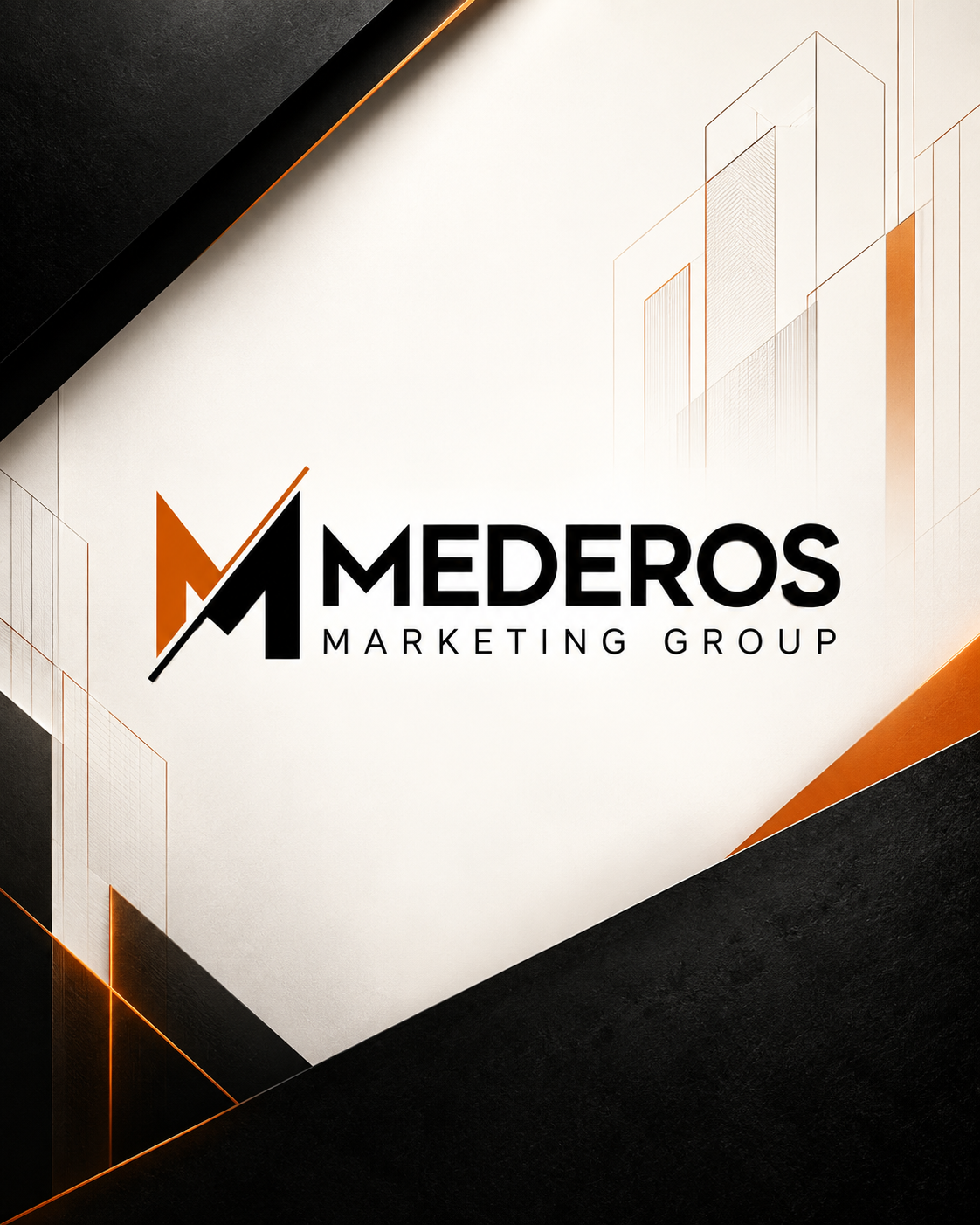 Medéros Marketing Group logo featuring an orange-and-black stylized M over a geometric cityscape on a white, diagonal background