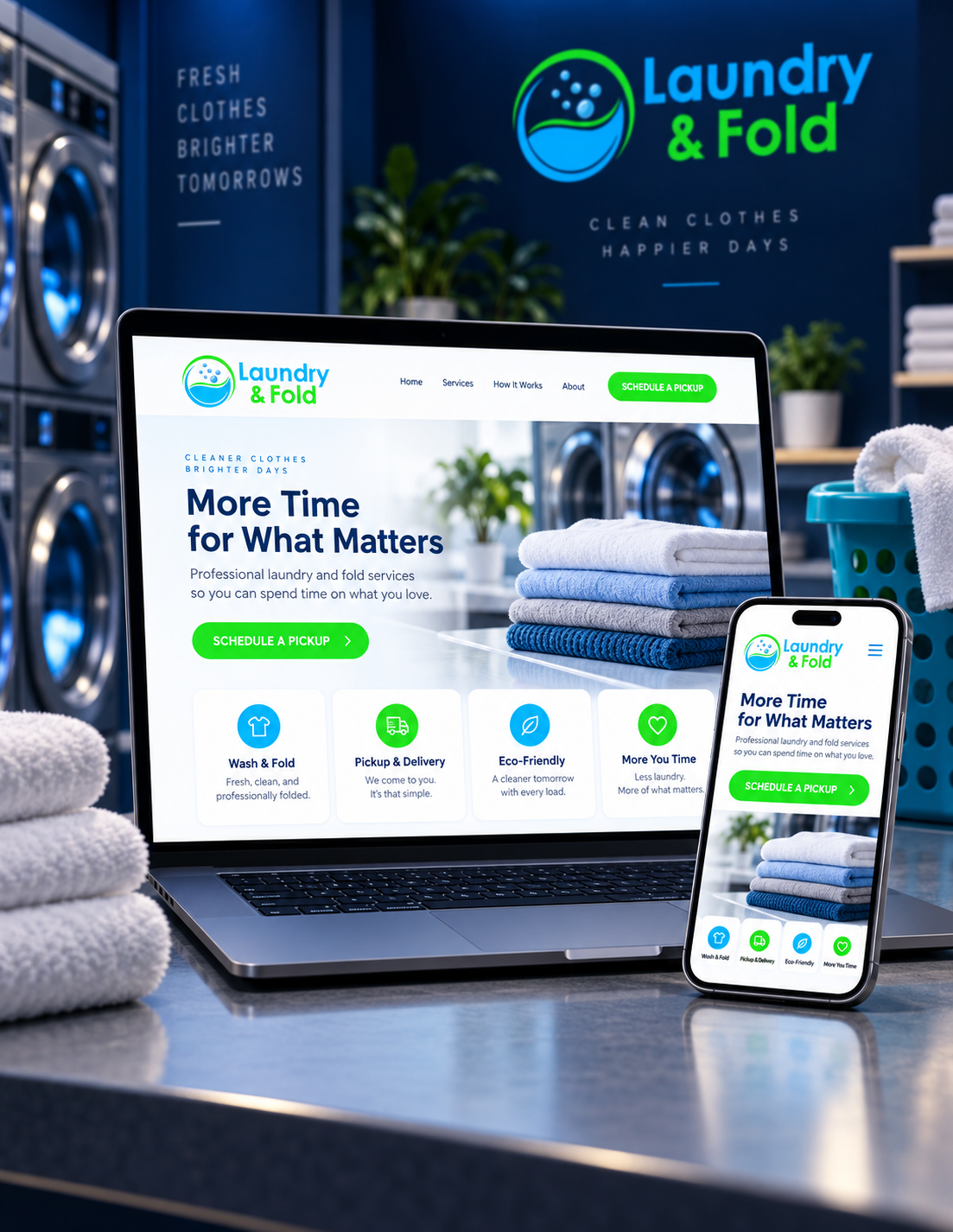 Laptop and smartphone displaying Laundry & Fold website with a prominent 'Schedule a Pickup' button in a busy laundromat setting with stacked towels in the foreground.