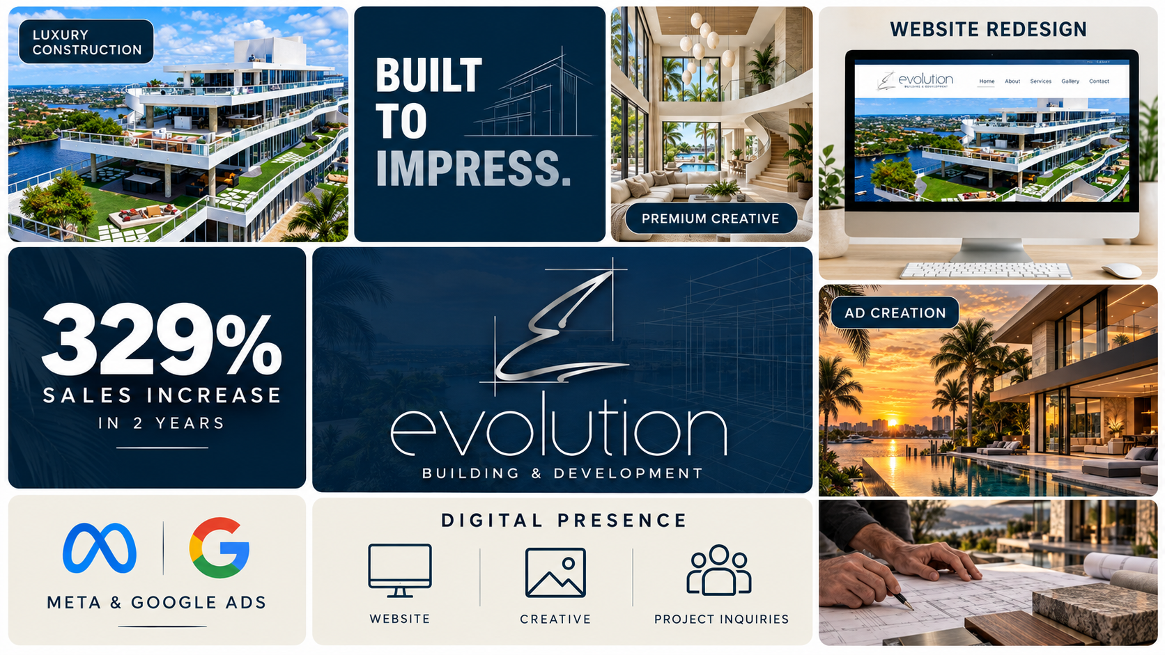 Collage of marketing images for Evolution Building & Development, including luxury architecture, interiors, and digital ads.