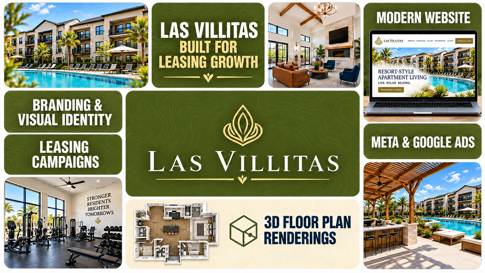 Collage showing Las Villitas branding, property photos, and marketing services like branding, leasing campaigns, and web ads