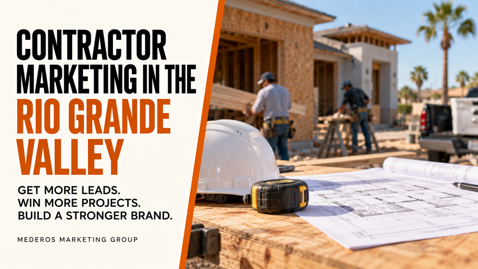 Ad banner reading 'Contractor Marketing in the Rio Grande Valley' with a construction site (hard hat, blueprint, tape measure) in the background.