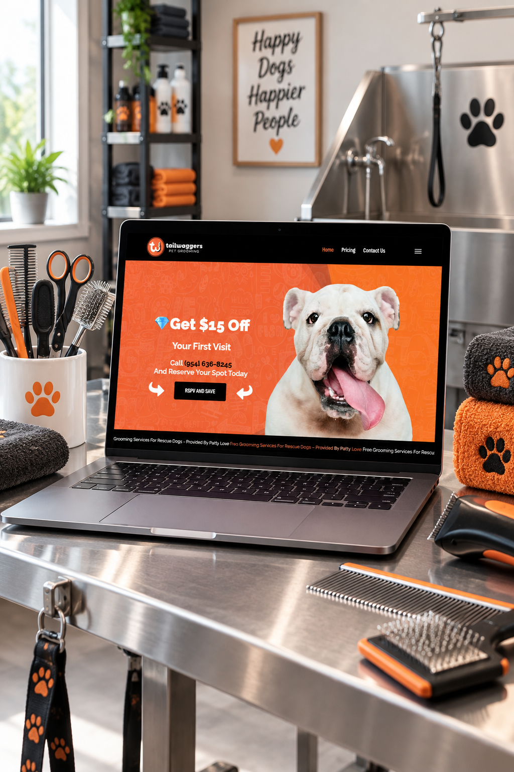 Laptop on a grooming station displaying an orange promo with a dog, offering $15 off your first visit for pet grooming services