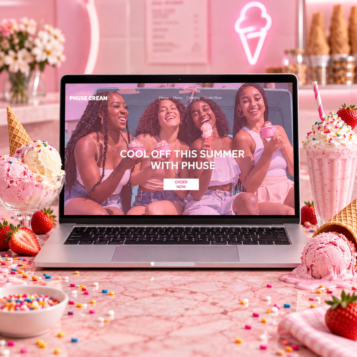 Laptop showing a pink ice-cream shop homepage with four smiling women holding cones; bold text reads 'Cool off this summer with Phuse' and an 'Order Now' button.