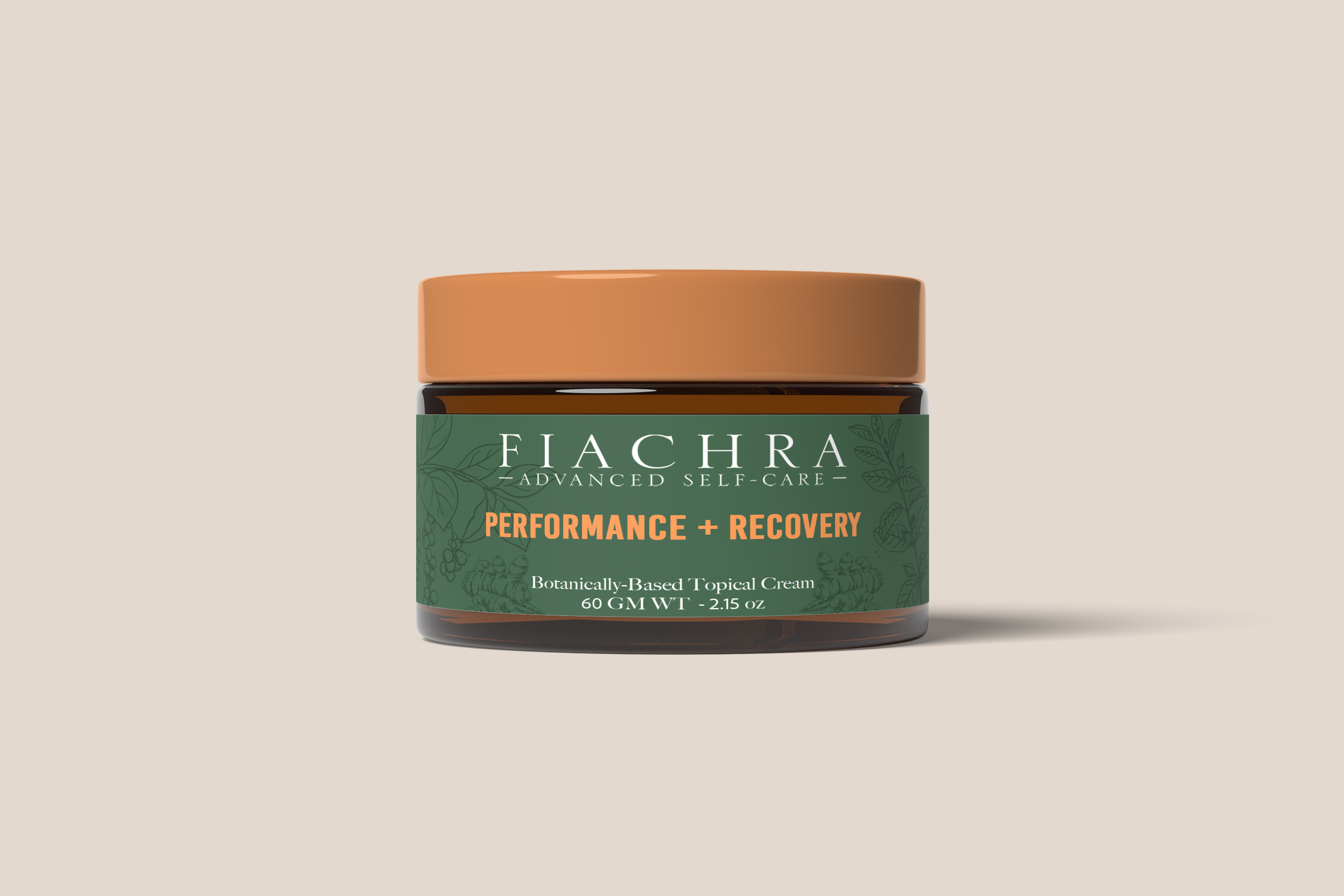 Jar of Fiachra Advanced Self-Care cream with green label reading 'Performance + Recovery' on a beige background