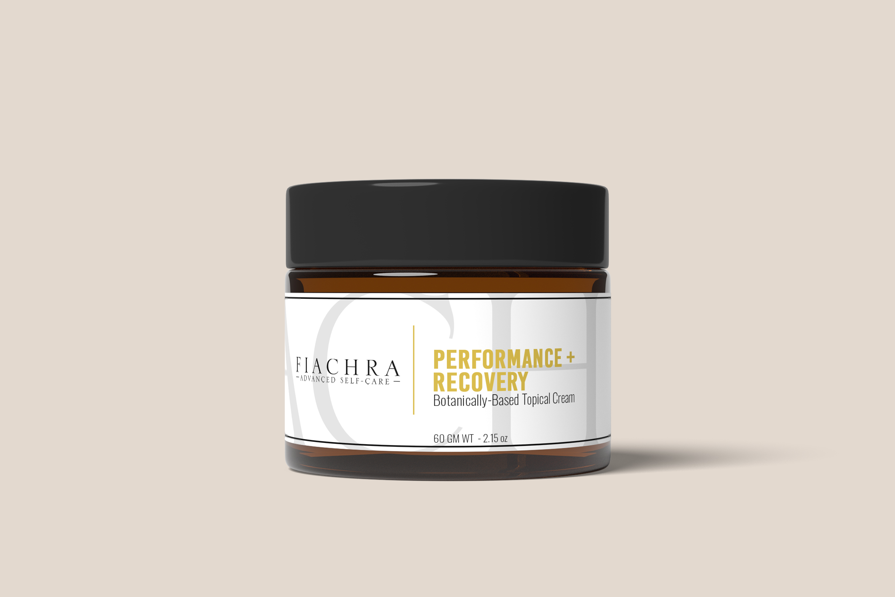 Partially visible skincare bottle with a black cap, beige background, and a label that reads 'Performance + Recovery' topical cream.