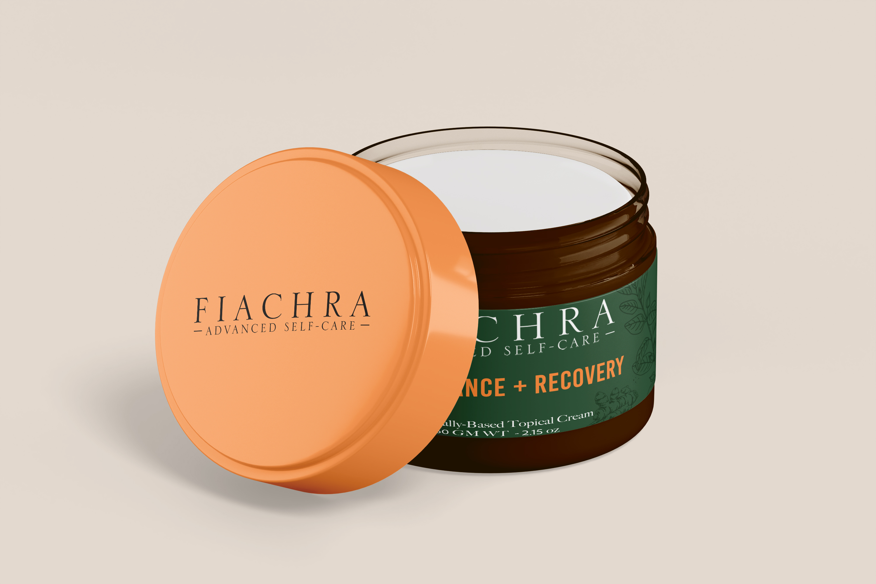 Open cosmetic jar with peach lid and white cream inside; label reads FIACHRA Advanced Self-Care.