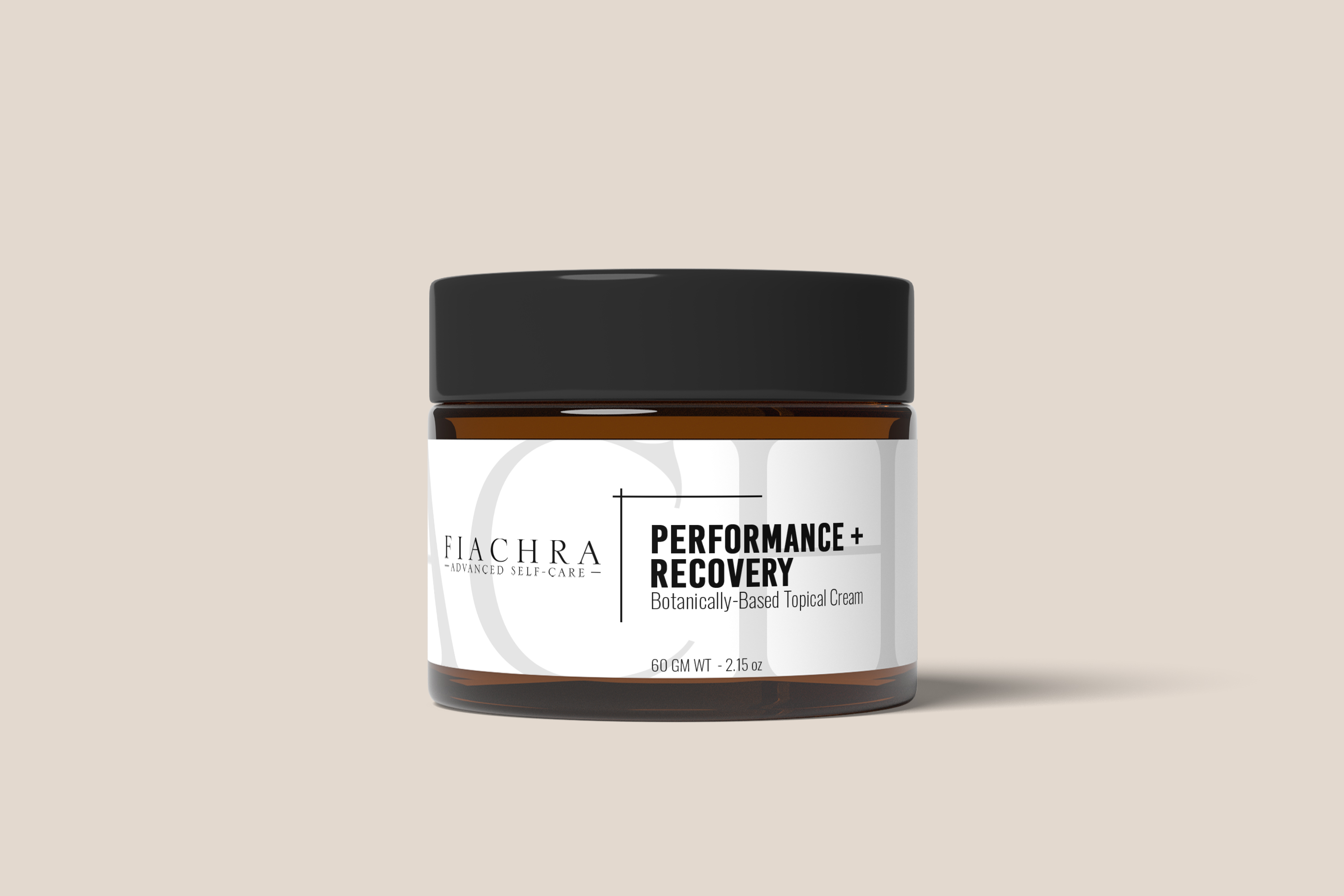 Bottle of Fiacra Performance+ Recovery topical cream with black lid, labeled botanically-based formulation (60 g).
