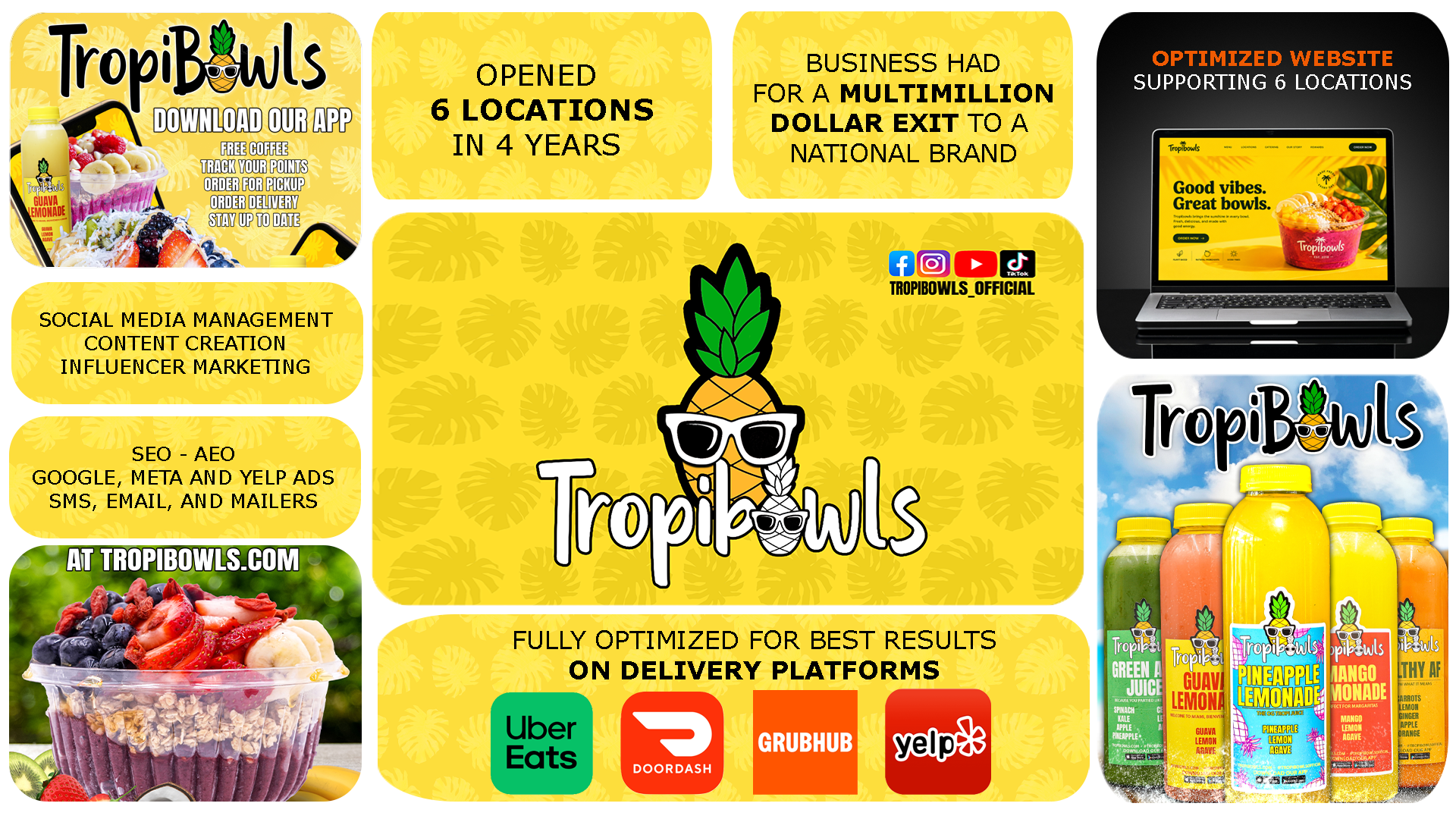 Bright yellow TropiBowls collage with pineapple mascot, logo, and multiple promo panels (download app, 6 locations, delivery platforms).