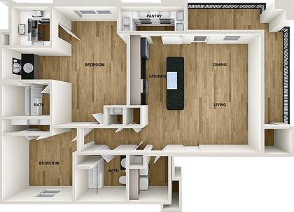3D floor plan of an apartment: kitchen with island, dining and living area, pantry, and balcony adjacent to the living room, with two bedrooms and two bathrooms connected by a hallway.