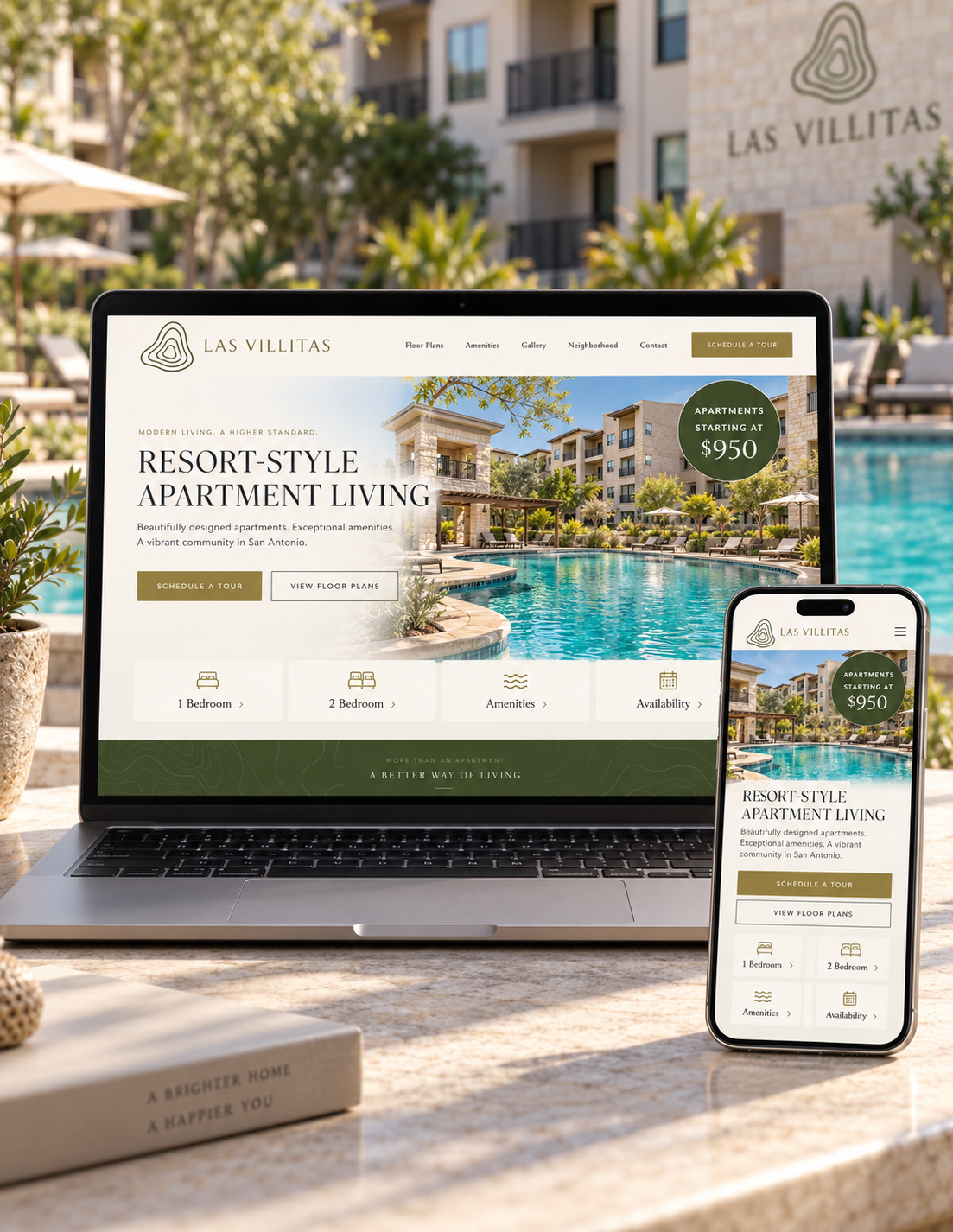Laptop and smartphone showing the Las Villitas resort-style apartments website by a pool, conveying a promotional, responsive web design scene.